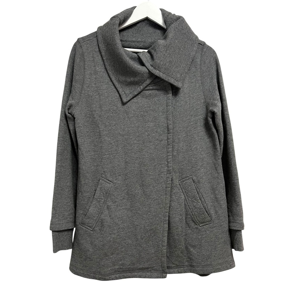 Stem‎ Coatigan Jacket Womens Small Gray Knit Funnel Neck Hook Eye Pockets Casual